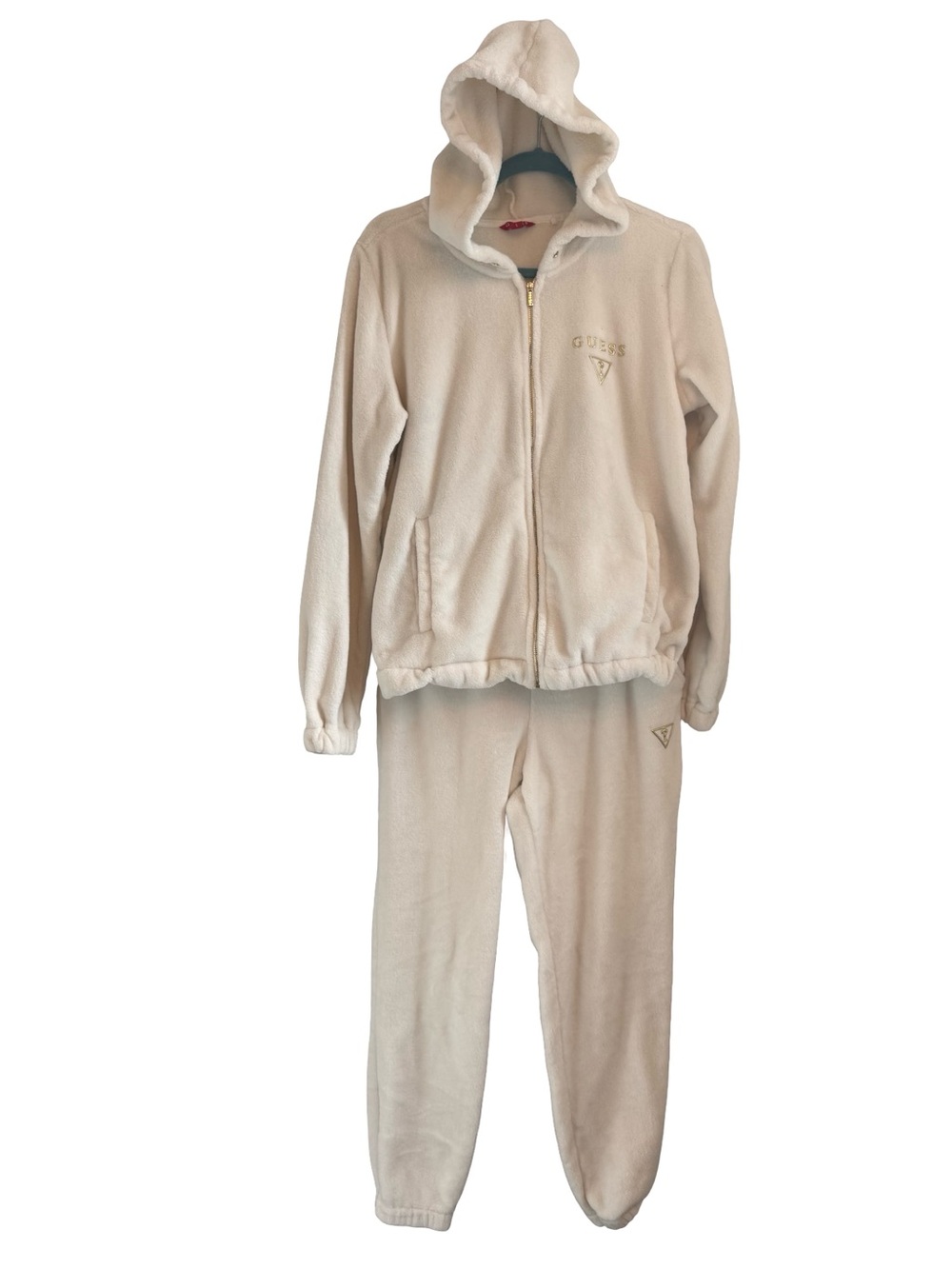 Guess Los Angeles Cream Velour Hooded Tracksuit Set Large Zip Hoodie Loungewear
